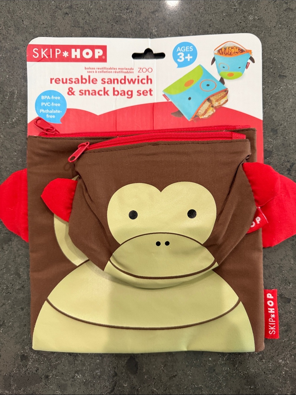 Skip Hop Brown and Red Monkey Reusable Sandwich & Snack Bag Set